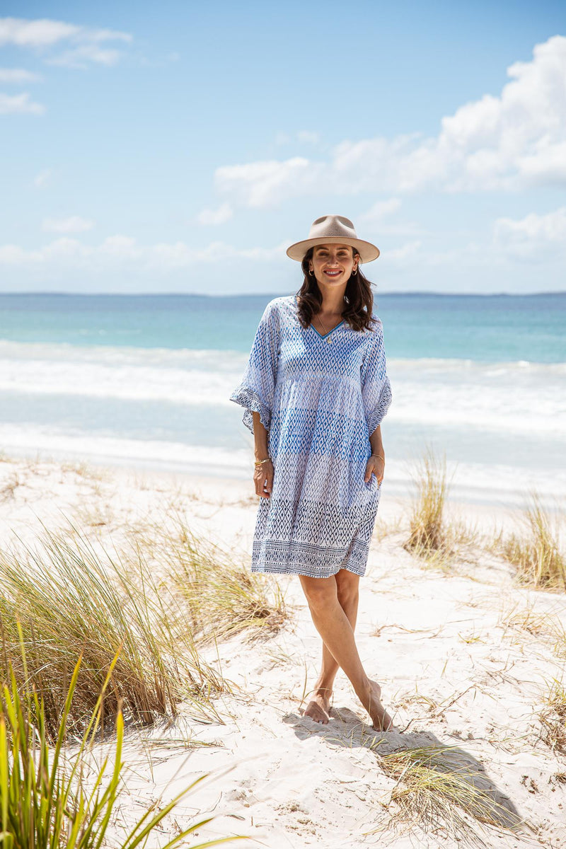 Paros Dress Mauritius Blue 100 Cotton Block Printed Dress Azure